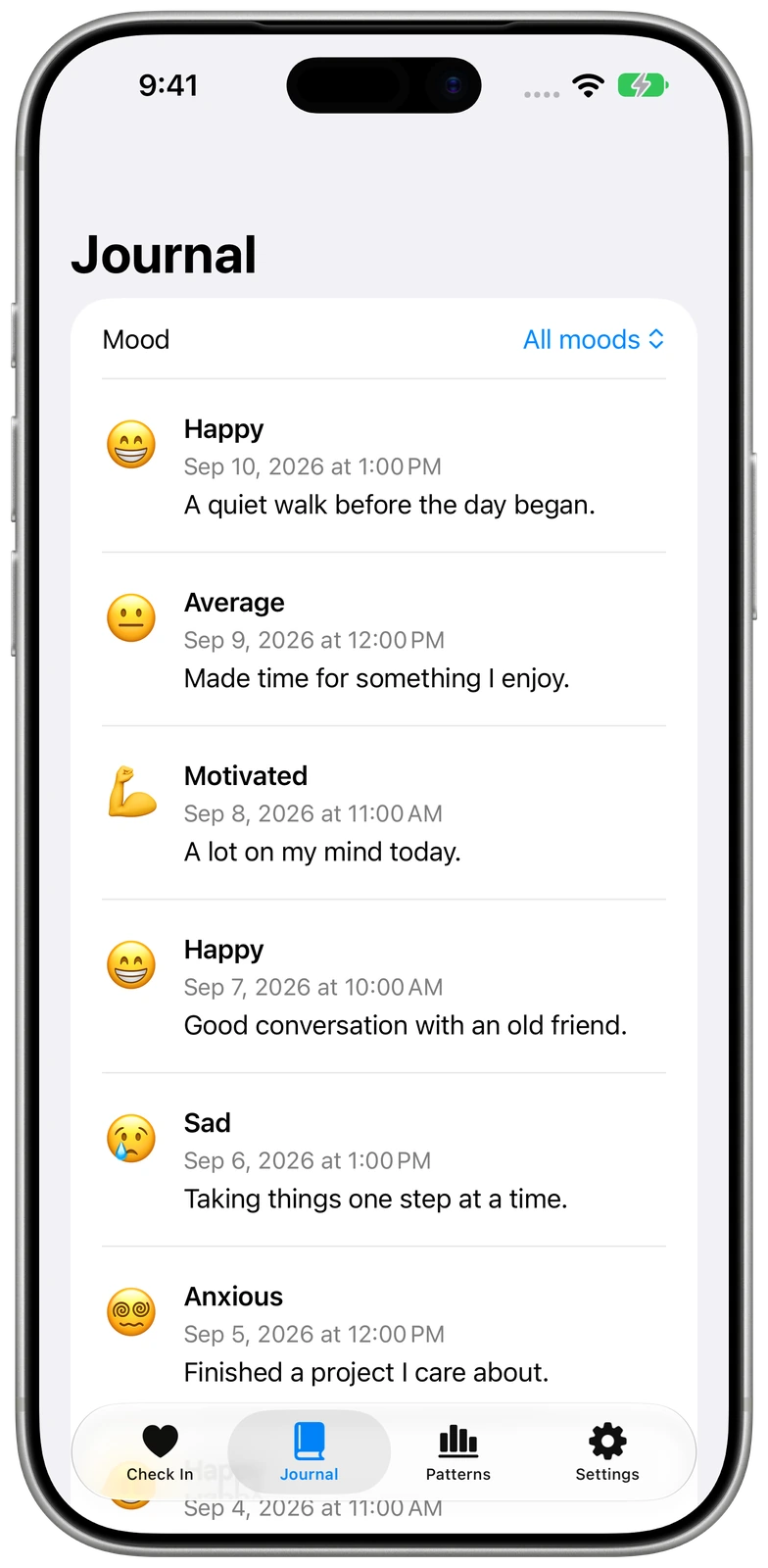 Journal entries with moods, dates, and personal notes