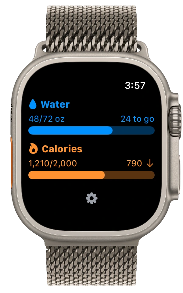 WaterCal daily water and calorie progress on Apple Watch