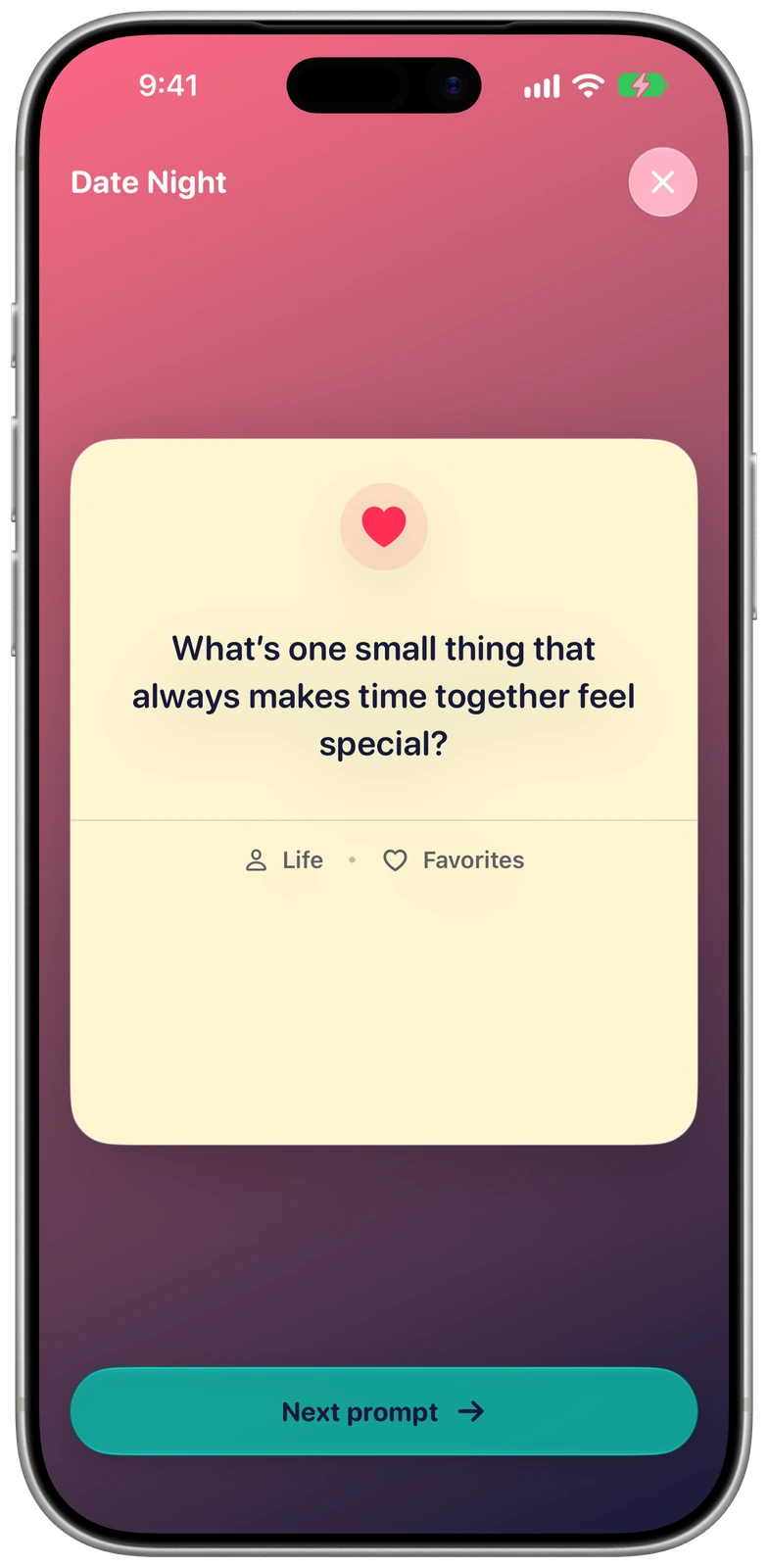A Date Night conversation prompt in Yakkity on iPhone