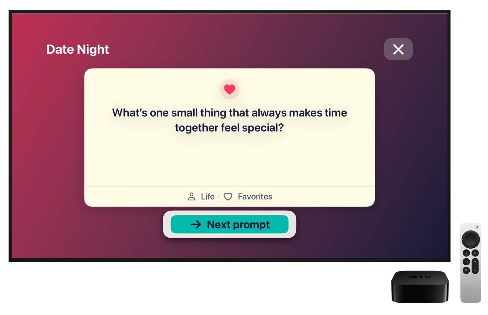 Yakkity conversation prompt on Apple TV